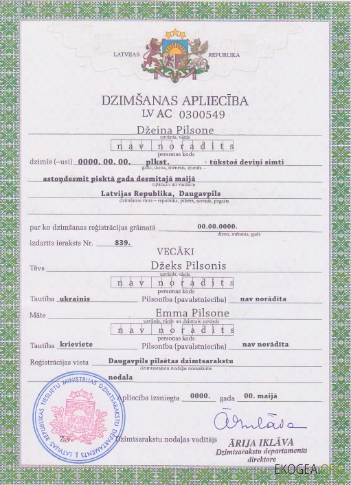 Modèle d'acte de naissance de Lettonie au format PSD